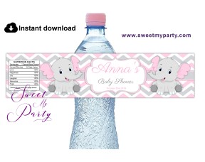 Pink Elephant Baby Shower water bottle labels,(10e)